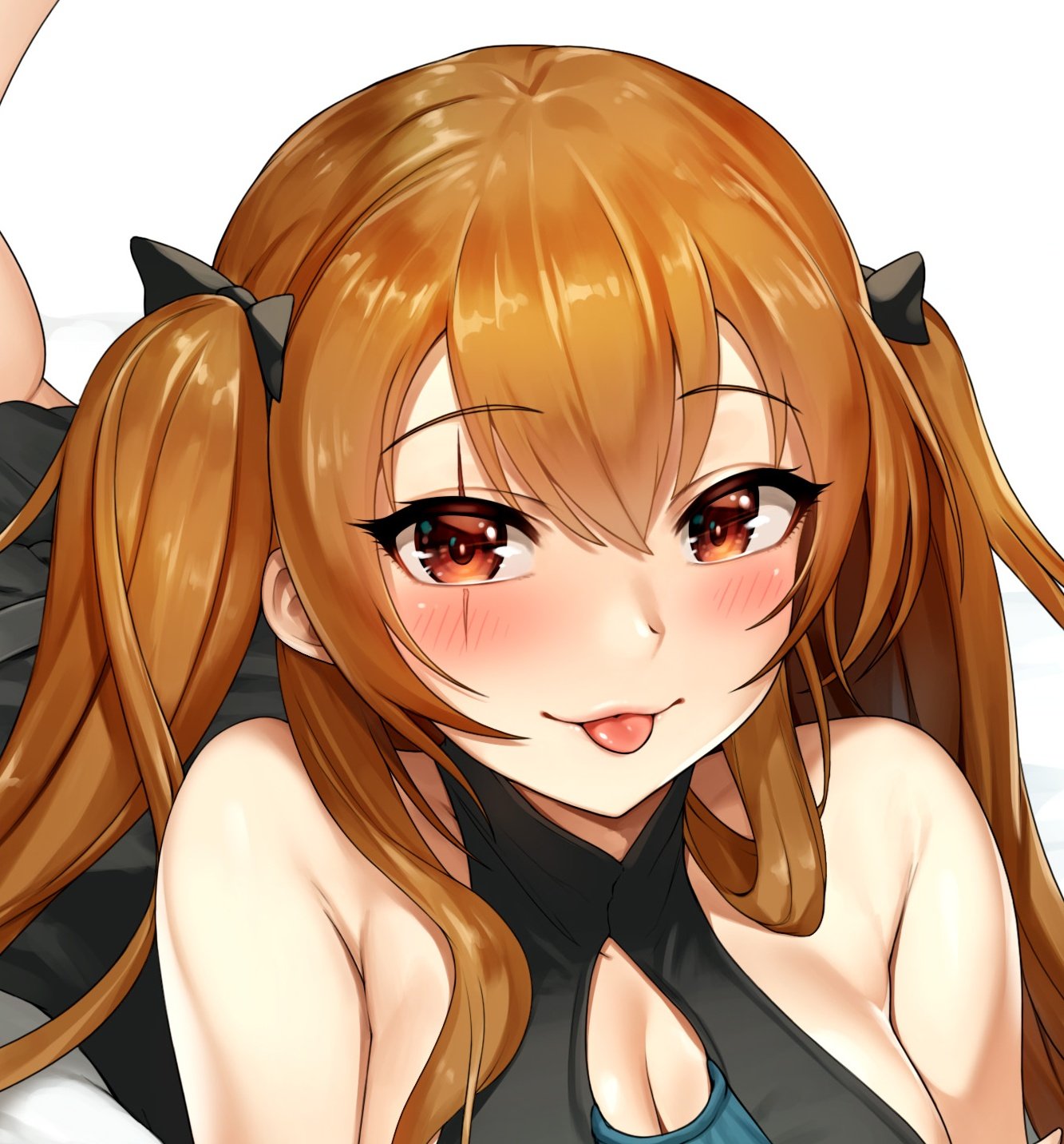 1girl :p armpit_crease bad_id bare_shoulders black_bow black_dress blush bow breasts brown_eyes brown_hair cleavage cleavage_cutout clothing_cutout dress eyelashes girls'_frontline hair_between_eyes hair_bow highres jai_(whany1998) looking_at_viewer lying official_alternate_costume on_stomach scar scar_across_eye scar_on_face simple_background sleeveless sleeveless_dress smile solo tongue tongue_out twintails ump9_(girls'_frontline) ump9_(the_world's_melody)_(girls'_frontline) white_background