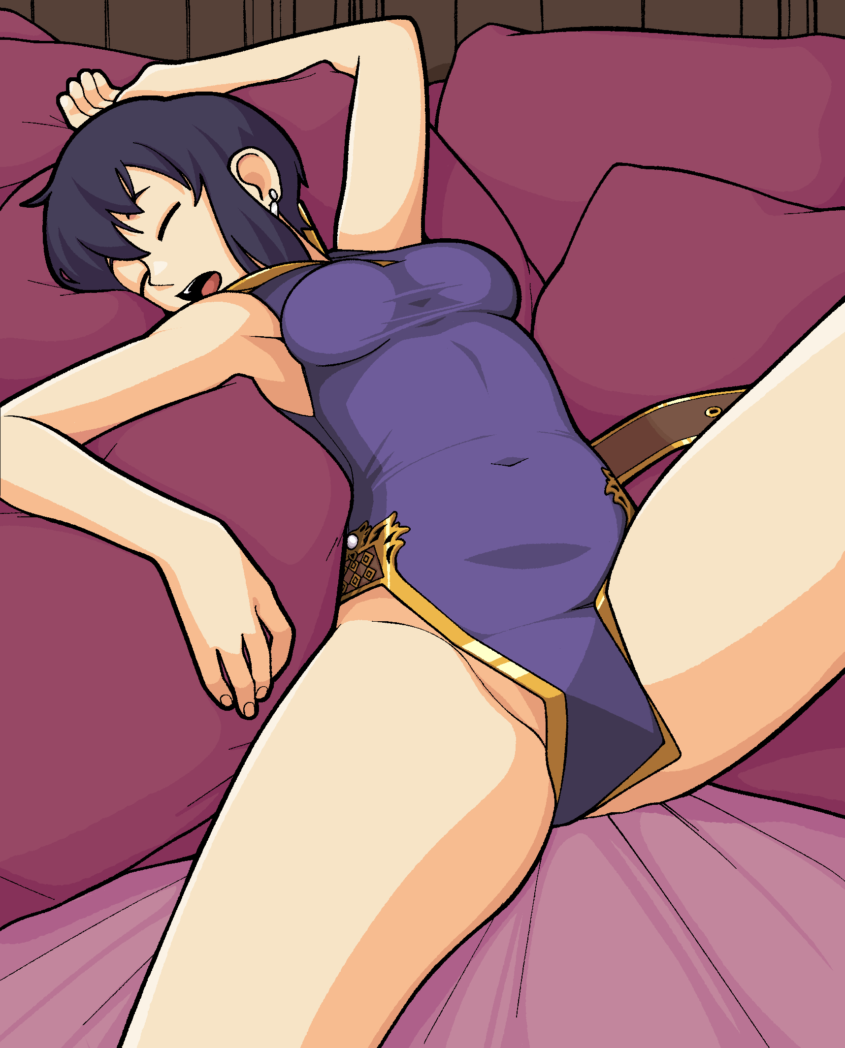 1girl bad_source bed bed_sheet belt black_hair breasts closed_eyes commission commissioner_upload convenient_censoring earrings fire_emblem fire_emblem:_genealogy_of_the_holy_war fire_emblem_heroes fumphole highres jewelry larcei_(fire_emblem) lying navel no_panties on_back on_bed open_mouth pillow short_hair sleeping solo spread_legs thighs tomboy tunic