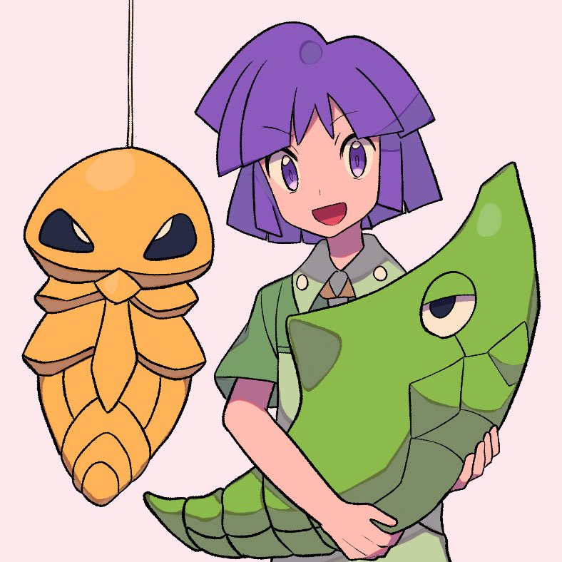 1boy :d bugsy_(pokemon) collared_shirt commentary_request green_shirt green_shorts holding holding_pokemon kakuna looking_at_viewer male_focus metapod open_mouth pokemon pokemon_(creature) pokemon_(game) pokemon_hgss purple_eyes purple_hair shirt short_hair short_sleeves shorts smile tyako_089 white_background