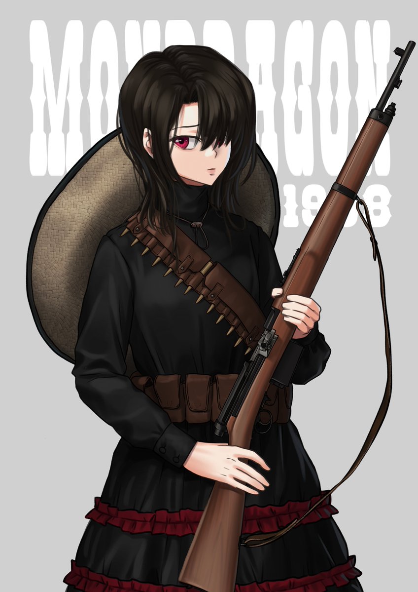 1girl bandolier black_hair black_shirt black_skirt brown_headwear bullet character_request closed_mouth commentary english_commentary frilled_skirt frills girls'_frontline grey_background gun hair_over_one_eye hat_around_neck holding holding_gun holding_weapon long_hair long_sleeves looking_at_viewer red_eyes shirt skirt solo text_background tomozuru weapon weapon_request