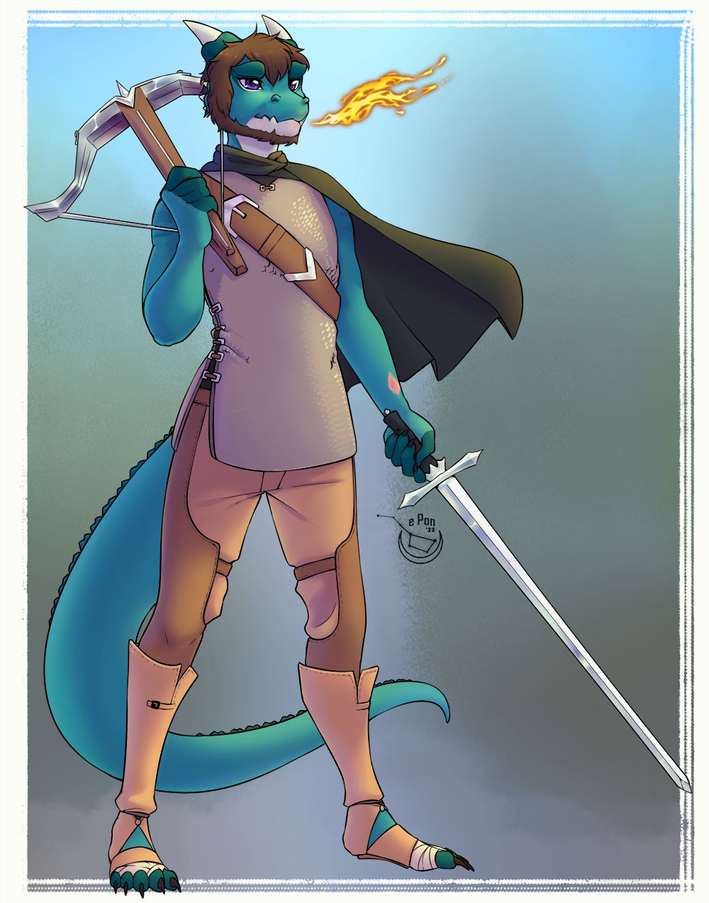 anthro beard breath_powers brown_hair chainmail clothing crossbow dragon e-pon elemental_manipulation facial_hair fire fire_breathing fire_manipulation hair hi_res horn longsword male purple_eyes ranged_weapon scalie scar solo tail tnarg_mah weapon