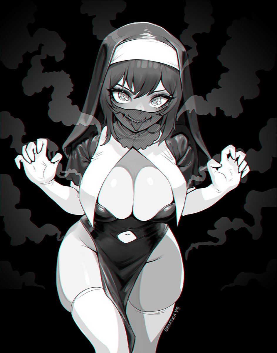 1girl brassica breasts cleavage cleavage_cutout clothing_cutout commission cowboy_shot greyscale habit highres large_breasts long_eyelashes long_hair monochrome navel_cutout nun original pelvic_curtain sharp_teeth smoke solo stitched_mouth stitches teeth thighhighs tongue tongue_out