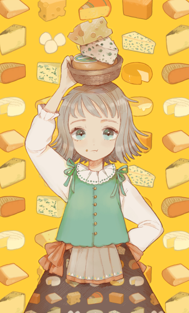 1girl :t apron arm_up basket cheese cheese_print egg food food_on_face food_print green_eyes grey_hair hand_on_own_hip holding holding_basket long_sleeves original short_hair skirt solo straight-on upper_body vest waist_apron yellow_background yunoto_(conceit)