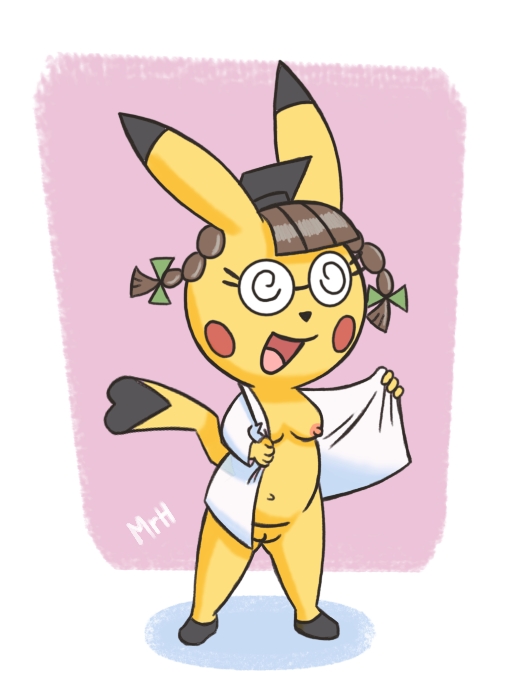 breasts cleft_tail clothing coat cosplay_pikachu_(character) cosplay_pikachu_(costume) digital_media_(artwork) el_senor_erizo eyewear female fur generation_1_pokemon genitals glasses hair lab_coat mammal nintendo nipples nude open_mouth pikachu pikachu_ph._d pokemon pokemon_(species) pussy rodent simple_background smile solo topwear undressing video_games yellow_body yellow_fur