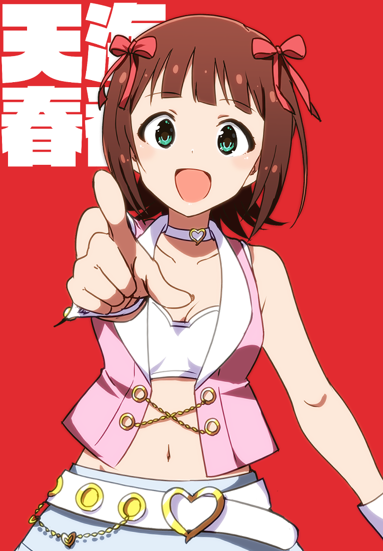 1girl amami_haruka bare_shoulders belt blue_skirt blush bow breasts brown_hair buckle character_name choker cleavage collarbone crop_top cropped_shirt dot_nose green_eyes hair_bow hair_ribbon hand_up heart heart-shaped_buckle heart_choker idolmaster idolmaster_(classic) idolmaster_million_live! idolmaster_million_live!_theater_days jacket kidachi looking_at_viewer medium_breasts midriff navel open_clothes open_jacket open_mouth pink_diamond_765_(idolmaster) pink_jacket pointing pointing_at_viewer red_background red_ribbon ribbon shirt short_hair simple_background skirt smile solo strapless strapless_shirt upper_body white_belt white_choker white_shirt white_wrist_cuffs