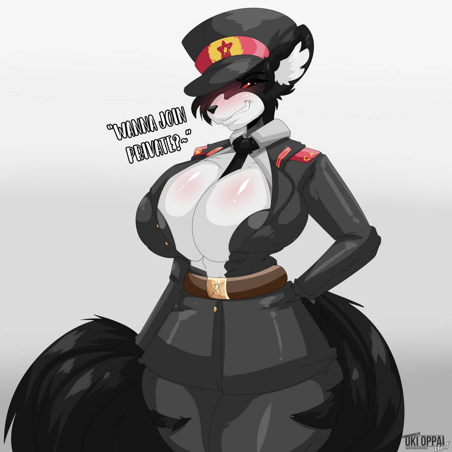 anthro big_breasts breasts canid canine canis clothed clothing fluffy fluffy_tail herm huge_breasts intersex mammal military military_uniform necktie okioppai open_clothing open_shirt open_topwear shadow_(shadow_wolfe5968) shirt simple_background solo tail text topwear uniform wolf