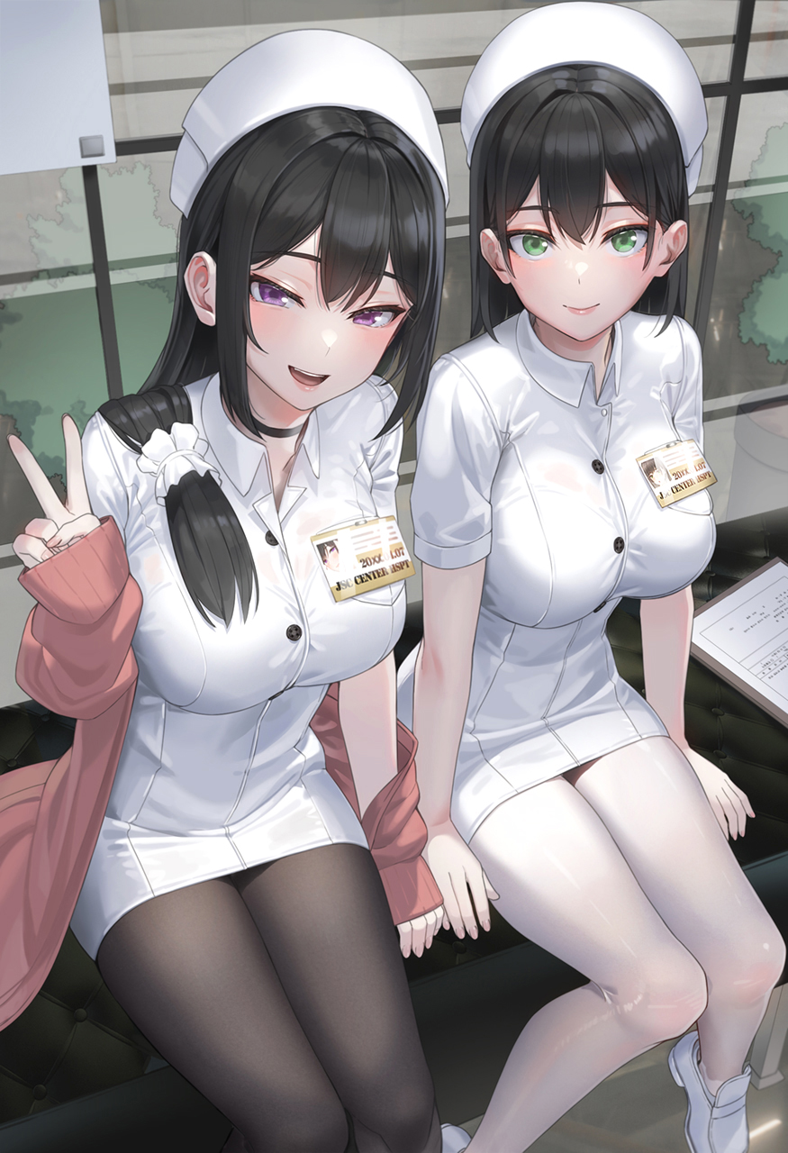 2girls black_hair blush breasts brown_jacket brown_pantyhose dress green_eyes hat highres jacket kfr large_breasts long_hair long_sleeves multiple_girls nurse nurse_cap off_shoulder open_mouth original pantyhose purple_eyes short_hair short_sleeves sitting smile thighs white_dress white_headwear white_pantyhose