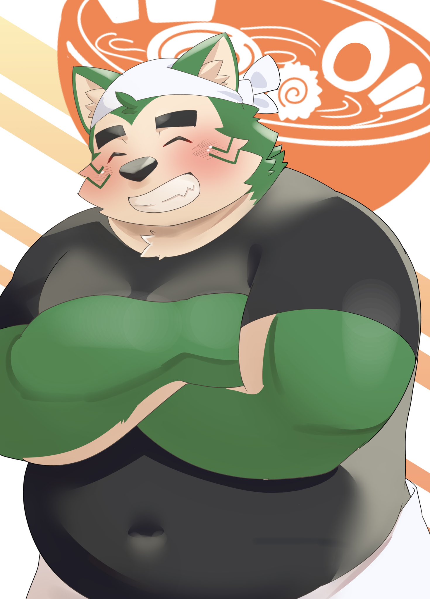 amidasuke anthro bandanna belly blush canid canine canis clothing crossed_arms domestic_dog eyebrows eyes_closed food fur green_body green_fur grin hi_res kerchief lifewonders live_a_hero male mammal mokdai noodles overweight ramen shirt smile solo t-shirt thick_eyebrows topwear