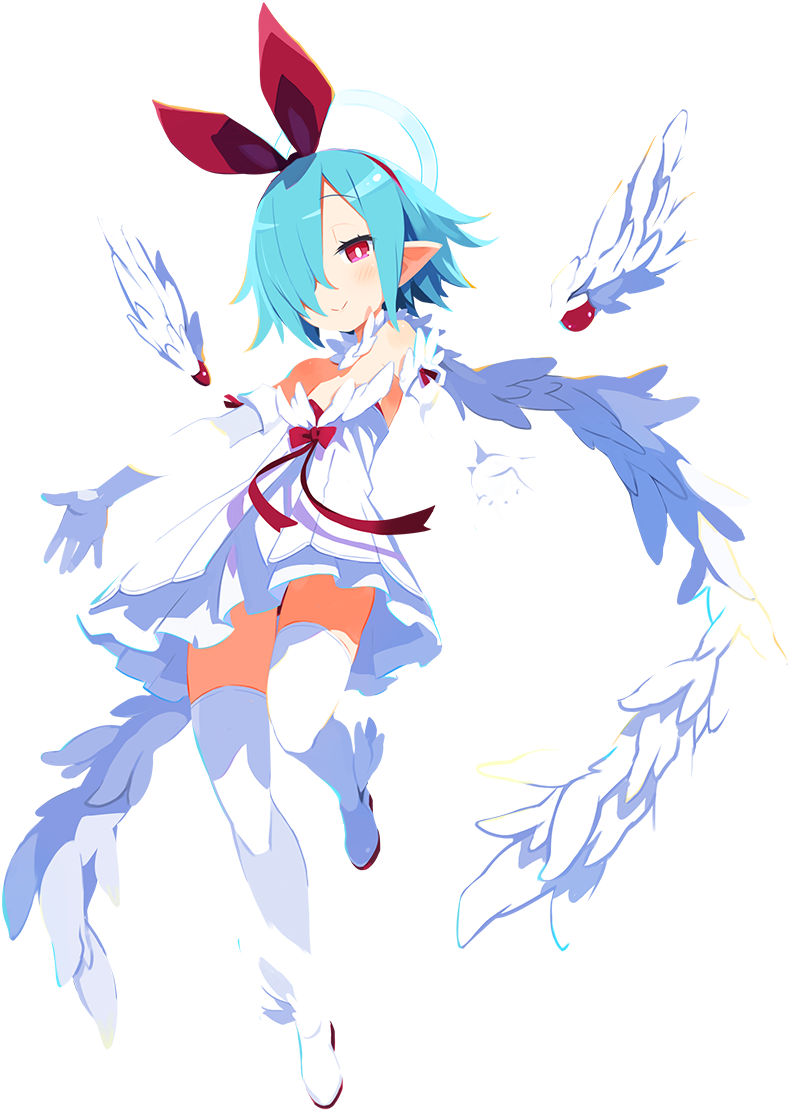 1girl asymmetrical_bangs blue_hair boots bow bright_pupils detached_wings disgaea disgaea_rpg dress elbow_gloves full_body gloves hair_bow hair_over_one_eye halo light_blue_hair mini_wings non-web_source official_art photoshop_(medium) pleinair pointy_ears red_eyes short_hair smile solo thigh_boots thighhighs transparent_background white_dress white_gloves white_thighhighs white_wings wings