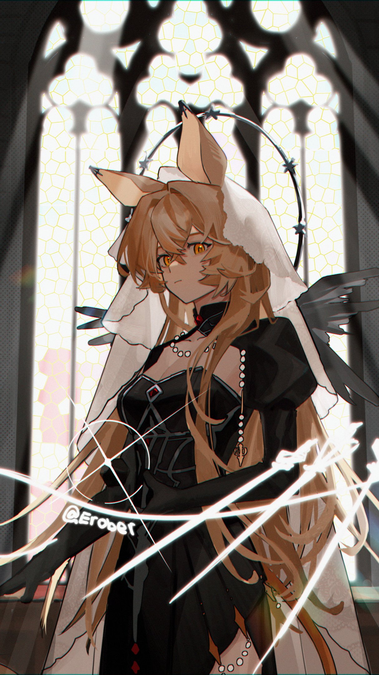 1girl animal_ears arknights black_dress blonde_hair breasts cleavage commentary cowboy_shot dorothy_(arknights) dorothy_(hand_of_destiny)_(arknights) dress english_commentary erober headdress highres indoors jewelry lens_flare long_hair long_sleeves looking_at_viewer medium_breasts mouse_ears mouse_girl necklace pearl_necklace solo stained_glass sword twitter_username upper_body veil weapon window yellow_eyes