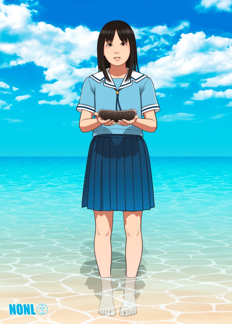 1girl animal azumanga_daioh azumanga_daioh's_school_uniform barefoot black_hair blue_ribbon blue_serafuku blue_shirt blue_skirt blue_sky breasts brown_eyes character_name cloud cumulonimbus_cloud day dripping full_body guest_art holding holding_animal horizon kasuga_ayumu looking_at_viewer medium_hair neck_ribbon ocean outdoors outstretched_hand own_hands_together parted_bangs parted_lips partially_submerged pleated_skirt realistic ribbon sailor_collar school_uniform sea_cucumber second-party_source serafuku shinchou_ni_kansuru_kousatsu shirt short_sleeves skirt sky small_breasts solo standing straight-on summer_uniform toes wading water white_sailor_collar