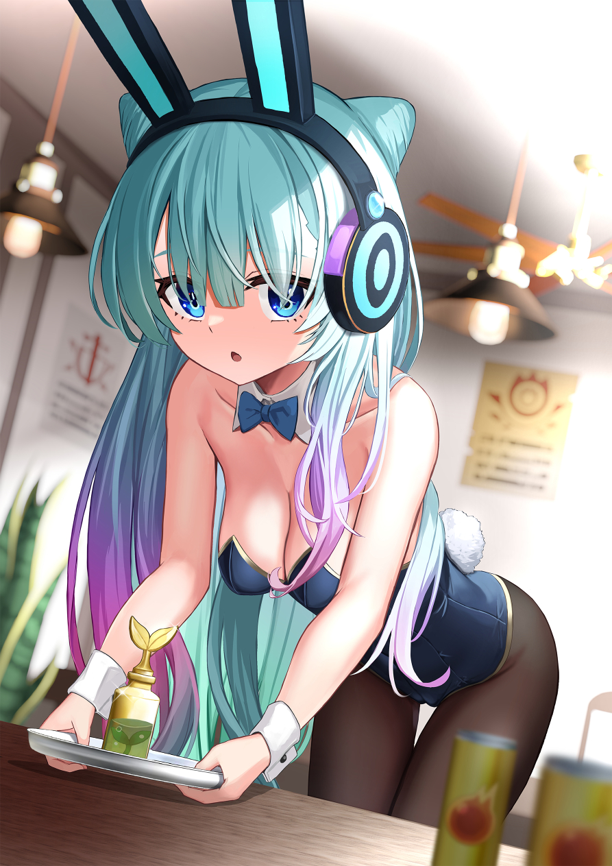 1girl animal_ear_headphones animal_ears aqua_hair bare_arms bare_shoulders black_pantyhose blue_bow blue_bowtie blue_eyes blue_leotard blunt_bangs blurry blurry_background blurry_foreground bottle bow bowtie breasts can ceiling_fan ceiling_light chestnut_mouth cleavage collar collarbone cowboy_shot day detached_collar double_bun eyelashes fake_animal_ears from_below gradient_hair hair_bun hair_ears hair_over_eyes headphones highres holding holding_tray indoors leaning_forward leotard long_hair looking_at_viewer medium_breasts monster_strike multicolored_hair neo_(monster_strike) open_mouth pantyhose pink_hair plant playboy_bunny rabbit_ear_headphones rabbit_ears rabbit_tail solo table tail thigh_gap tray tsuseki waitress white_collar white_wrist_cuffs
