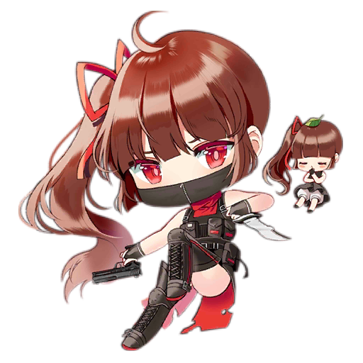 ahoge black_dress black_footwear black_gloves black_mask black_vest blush blush_stickers boots brown_hair chibi closed_eyes combo_fairy_(girls'_frontline) dress fairy_(girls'_frontline) fingerless_gloves full_body girls'_frontline gloves gun hair_ribbon handgun holding holding_gun holding_knife holding_weapon knee_pads knife leaf leaf_on_head long_hair looking_at_viewer mask mouth_mask multiple_girls ninja official_art one_side_up own_hands_together pouch red_eyes red_ribbon red_scarf ribbon saru scarf simple_background thigh_boots third-party_source torn_clothes torn_scarf transparent_background very_long_hair vest weapon weapon_request
