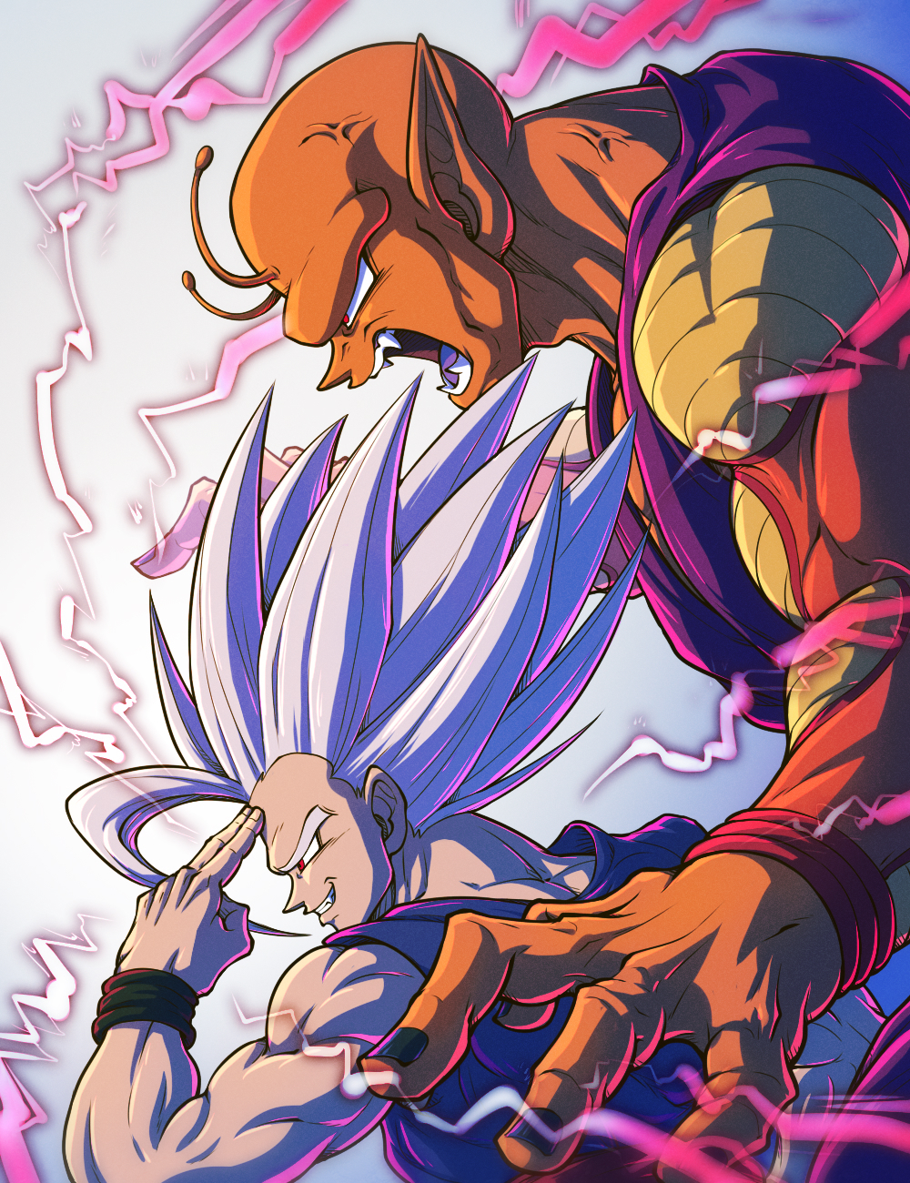 2boys angry antennae biceps black_nails black_wristband colored_skin commentary_request dougi dragon_ball dragon_ball_super dragon_ball_super_super_hero electricity energy fangs fingernails gohan_beast grin hand_on_own_forehead hand_up highres koukyouji male_focus multiple_boys muscular muscular_male namekian open_mouth orange_piccolo orange_skin piccolo pointy_ears profile red_eyes smile son_gohan spiked_hair teeth tongue v-shaped_eyebrows veins white_hair wristband