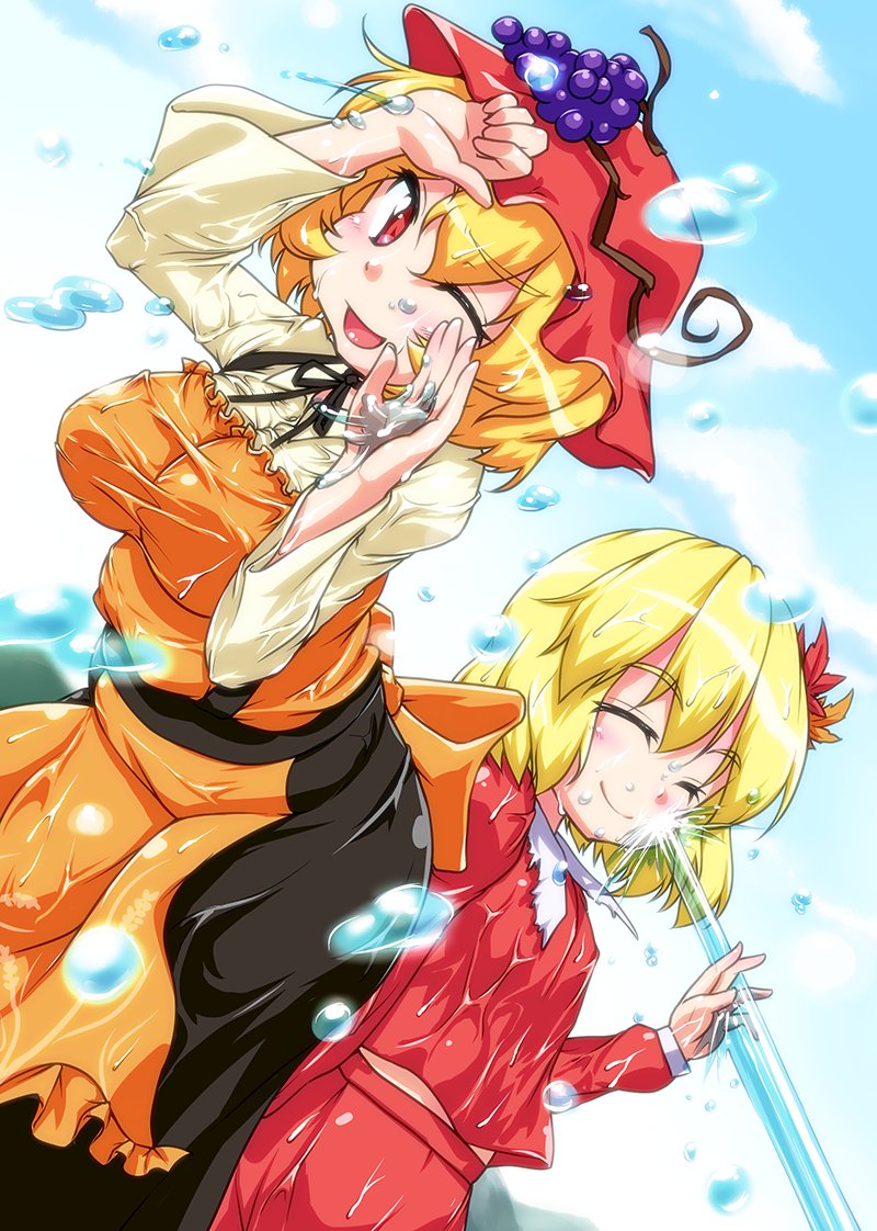2girls ;d aki_minoriko aki_shizuha apron black_skirt blonde_hair blue_sky breasts closed_eyes cloud commentary_request food fruit grapes hair_ornament hat large_breasts leaf_hair_ornament long_sleeves looking_at_viewer mob_cap multiple_girls one_eye_closed open_mouth orange_apron outdoors red_eyes red_headwear red_shirt red_skirt shirt short_hair siblings sisters skirt sky smile spray touhou waribashi-p water