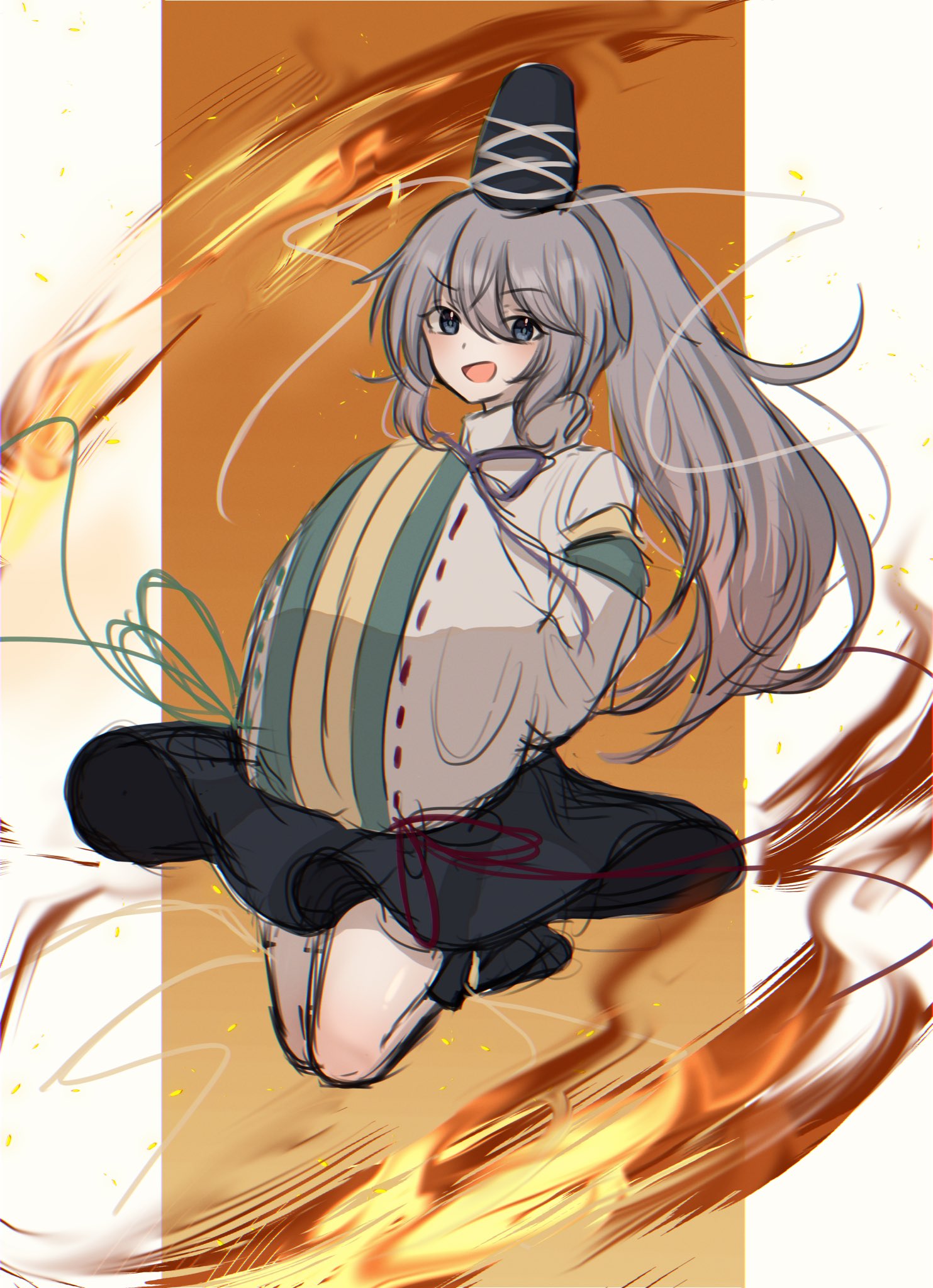 1girl black_headwear black_skirt commentary fire full_body grey_eyes hands_in_opposite_sleeves hat highres japanese_clothes kariginu long_sleeves looking_at_viewer mononobe_no_futo open_mouth orange_background pipita ribbon-trimmed_sleeves ribbon_trim skirt smile solo tate_eboshi touhou wide_sleeves