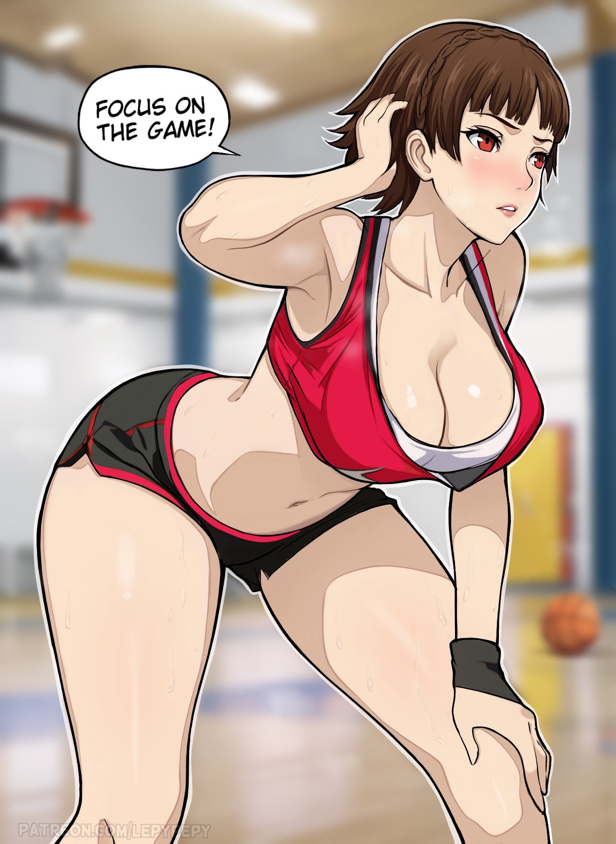 1girl alternate_breast_size alternate_costume ball bare_shoulders basketball_(object) basketball_uniform black_shorts blurry blurry_background blush braid breasts brown_hair cleavage commentary crown_braid english_commentary highres indoors large_breasts lepypepy lips midriff navel niijima_makoto patreon_username persona persona_5 pink_lips red_eyes red_tank_top short_hair short_shorts shorts solo sportswear stomach tank_top thighs uniform