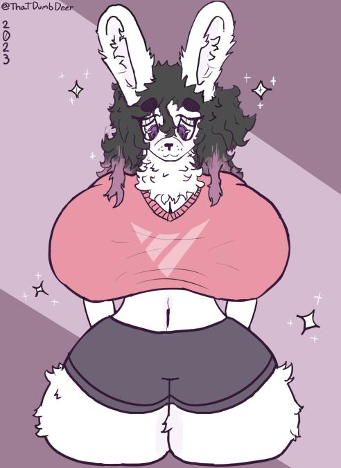 anthro black_hair bottomwear breasts cleavage clothed clothing female fluffy fluffy_ears fluffy_hair hair hotpants huge_hips huge_thighs lagomorph leporid looking_down mammal marshmallow_(bunnycurves) neck_tuft pattern_background pink_hair purple_eyes rabbit shirt shorts simple_background smile solo sparkles thatdumbdeer thick_thighs topwear tuft white_body wide_hips