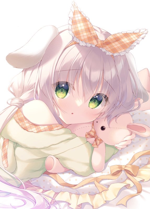 1girl :o animal_ears bare_shoulders bed_sheet bow commentary_request frilled_pillow frilled_ribbon frills green_eyes green_jacket grey_hair hair_between_eyes hair_ribbon hood hood_down hooded_jacket hugging_object jacket long_hair long_sleeves looking_at_viewer orange_ribbon original parted_lips pillow plaid plaid_ribbon polka_dot rabbit_ears ribbon simple_background solo stuffed_animal stuffed_rabbit stuffed_toy upper_body very_long_hair white_background yellow_bow yukie_(peach_candy)