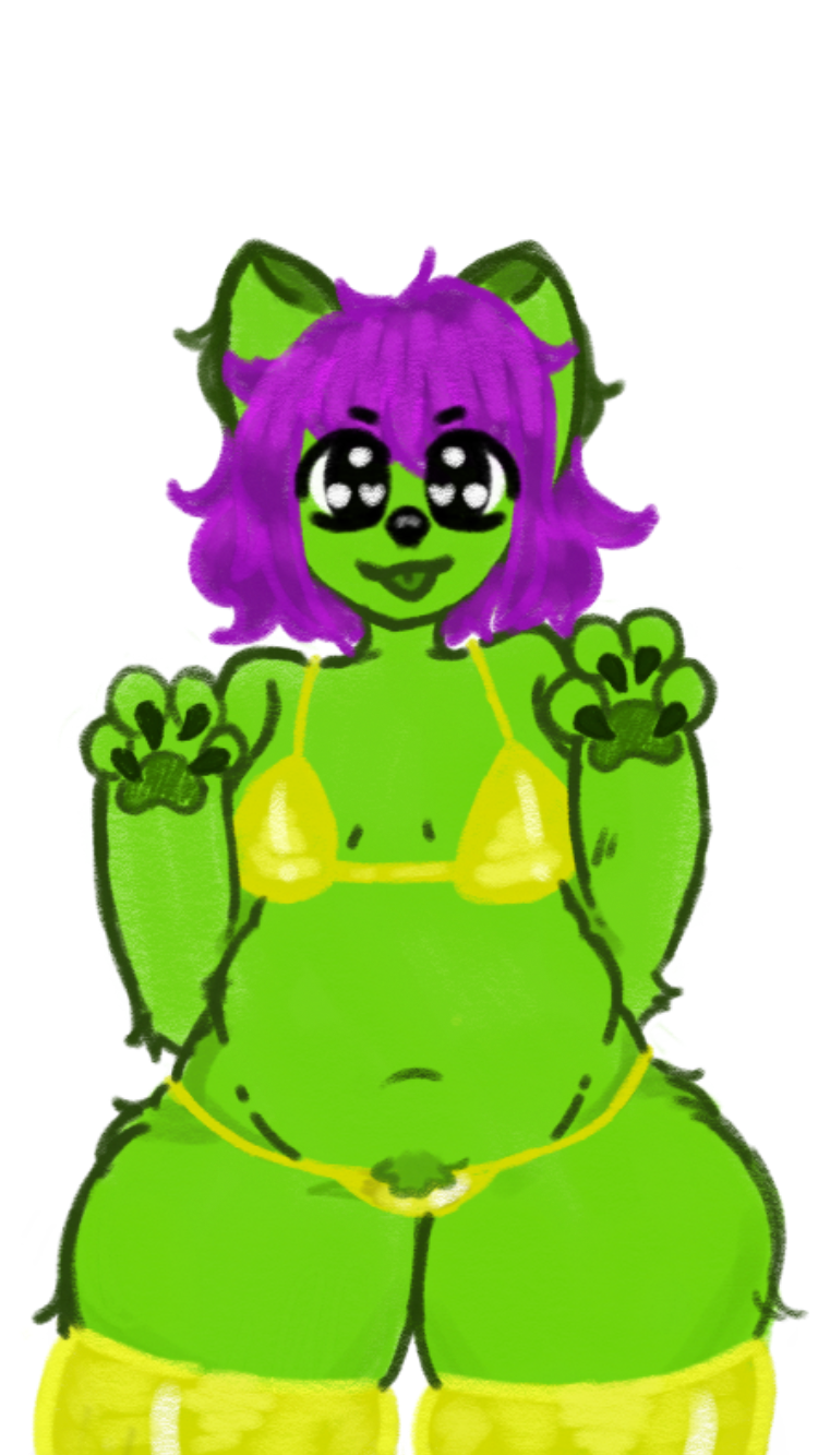 andromorph anthro bat bean breasts claws clothed clothing cute_expression digital_media_(artwork) felid feline female fur gold_bikini green_body hair hi_res humanoid intersex mammal nipples nyomnyom original_content purple_hair simple_background slightly_chubby solo thick_thighs tongue tongue_out