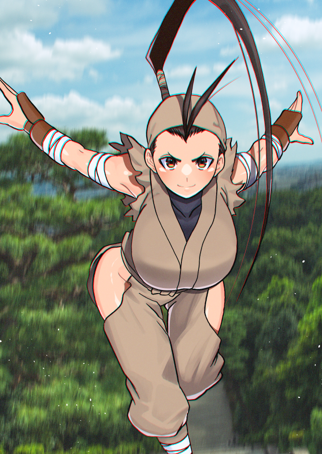 1girl airplane_arms akisu_k antenna_hair bandages black_hair breasts brown_eyes closed_mouth commentary_request fingerless_gloves gloves high_ponytail hip_vent ibuki_(street_fighter) large_breasts long_hair looking_at_viewer ninja outdoors outstretched_arms ponytail smile solo spread_arms street_fighter street_fighter_iii_(series) tree