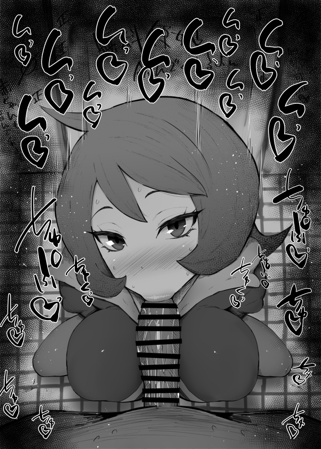 1boy 1girl :&gt;= arezu_(pokemon) bar_censor blush breasts censored cowlick diamond_clan_outfit dot_nose erection eyelashes fellatio floor from_above greyscale hetero hood hood_down hooded_jacket jacket kurotama large_breasts large_penis lips looking_at_viewer looking_up monochrome oral pantyhose penis pokemon pokemon_(game) pokemon_legends:_arceus pov saliva short_hair solo_focus squatting sweat swept_bangs thick_lips wall wing_collar