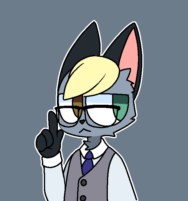 2020 aiyhav_nouneim ambiguous_gender animal_crossing anthro biped black_body black_ears black_fur blonde_hair blue_clothing brown_eyes clothing domestic_cat eyewear felid feline felis fur glasses green_eyes grey_body grey_clothing grey_fur hair mammal multicolored_body multicolored_ears multicolored_fur nintendo pink_ears raymond_(animal_crossing) solo two_tone_body two_tone_ears two_tone_fur white_clothing