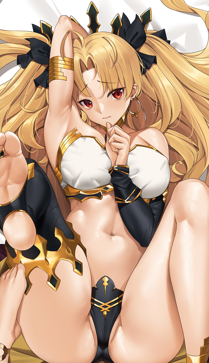 2girls arm_up armlet armpits black_bow black_panties black_thighhighs blonde_hair blush bow breasts cosplay costume_switch dakimakura_(medium) earrings ereshkigal_(fate) fate/grand_order fate_(series) gold_trim hair_bow highres hoop_earrings jewelry large_breasts long_hair looking_at_viewer lying multiple_girls navel neck_ring on_back panties red_eyes siblings single_thighhigh sisters solo_focus thighhighs tony_guisado two_side_up underwear