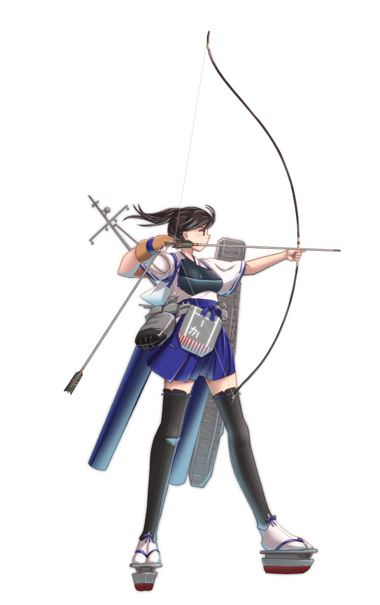 1girl aiming arrow_(projectile) black_hair black_thighhighs blue_hakama blue_skirt bow_(weapon) brown_gloves flight_deck full_body geta gloves hakama hakama_short_skirt hakama_skirt japanese_clothes kaga_(kancolle) kaga_kai_ni_(kancolle) kantai_collection long_hair moke_ro muneate partially_fingerless_gloves quiver side_ponytail simple_background single_glove skirt solo standing tasuki thighhighs weapon white_background yugake