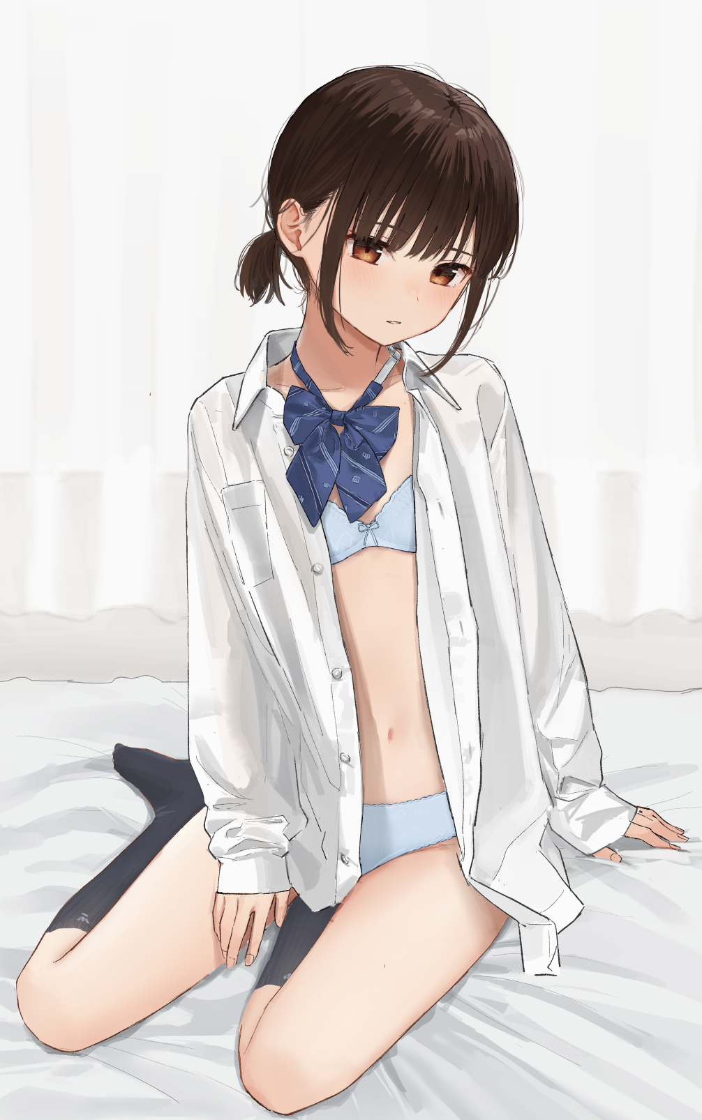 1girl akipeko bed_sheet black_hair black_socks blue_bow blue_bowtie blue_bra blue_panties blunt_bangs bow bowtie bra brown_eyes closed_mouth collared_shirt commentary_request flat_chest highres long_sleeves looking_at_viewer loose_bowtie navel on_bed open_clothes open_shirt original panties shirt short_ponytail sitting socks solo underwear white_shirt yokozuwari