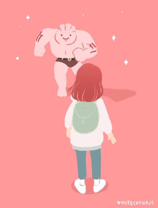 1girl artist_name backpack bag brown_hair chansey commentary fusion green_bag green_pants heart kitschchris long_hair long_sleeves machoke pants pink_background pokemon shoes socks sparkle standing white_footwear white_socks