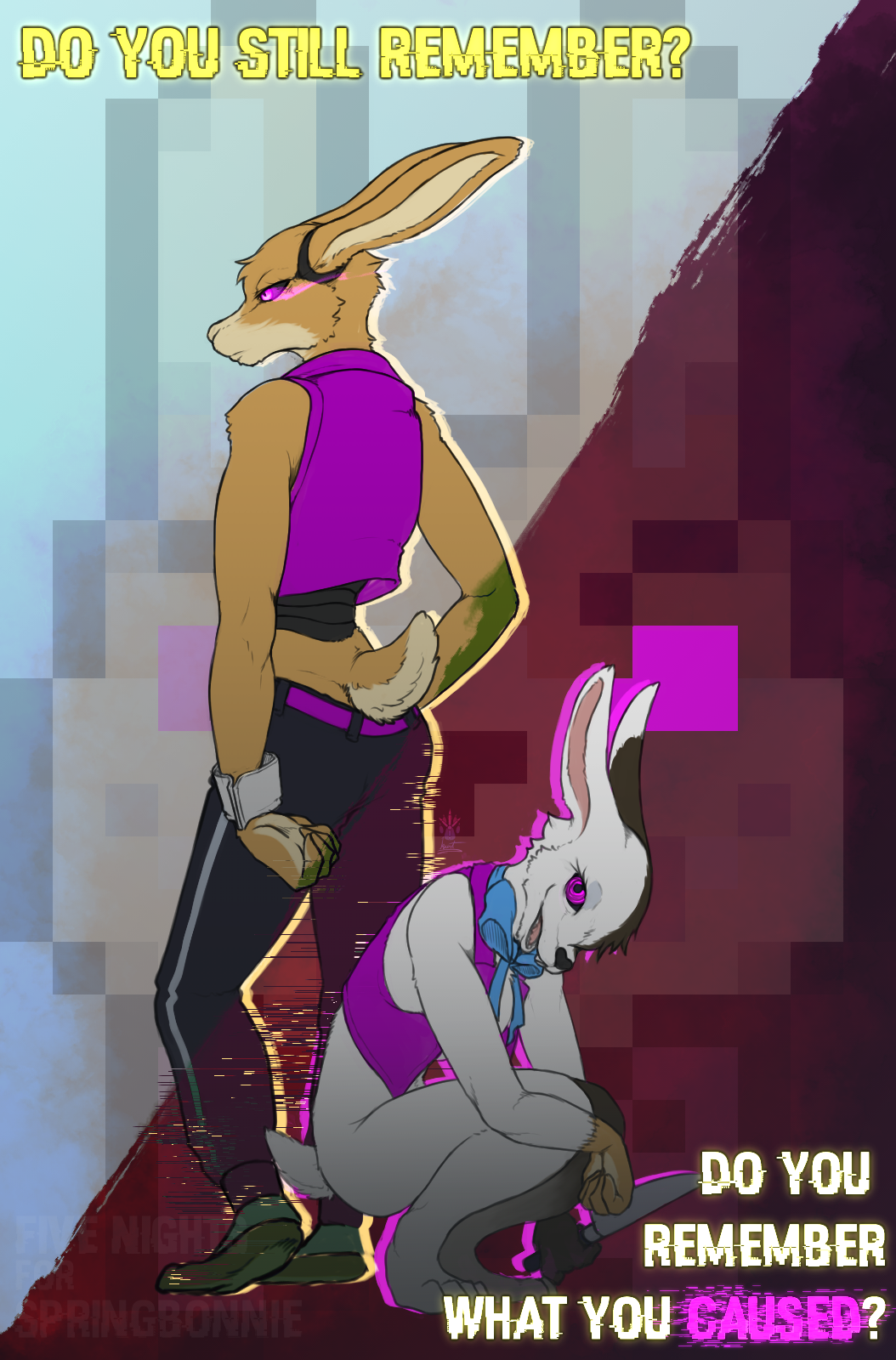 animatronic anthro back_to_back bottomwear bow_tie clothing crouching duo female five_nights_at_freddy's geno28_(artist) glitch glitchtrap hi_res holding_object holding_weapon knife lagomorph leporid looking_at_viewer machine male mammal pants purple_eyes rabbit robot scottgames spring_bonnie_(fnaf) tagme topwear vanny_(fnaf) vest weapon