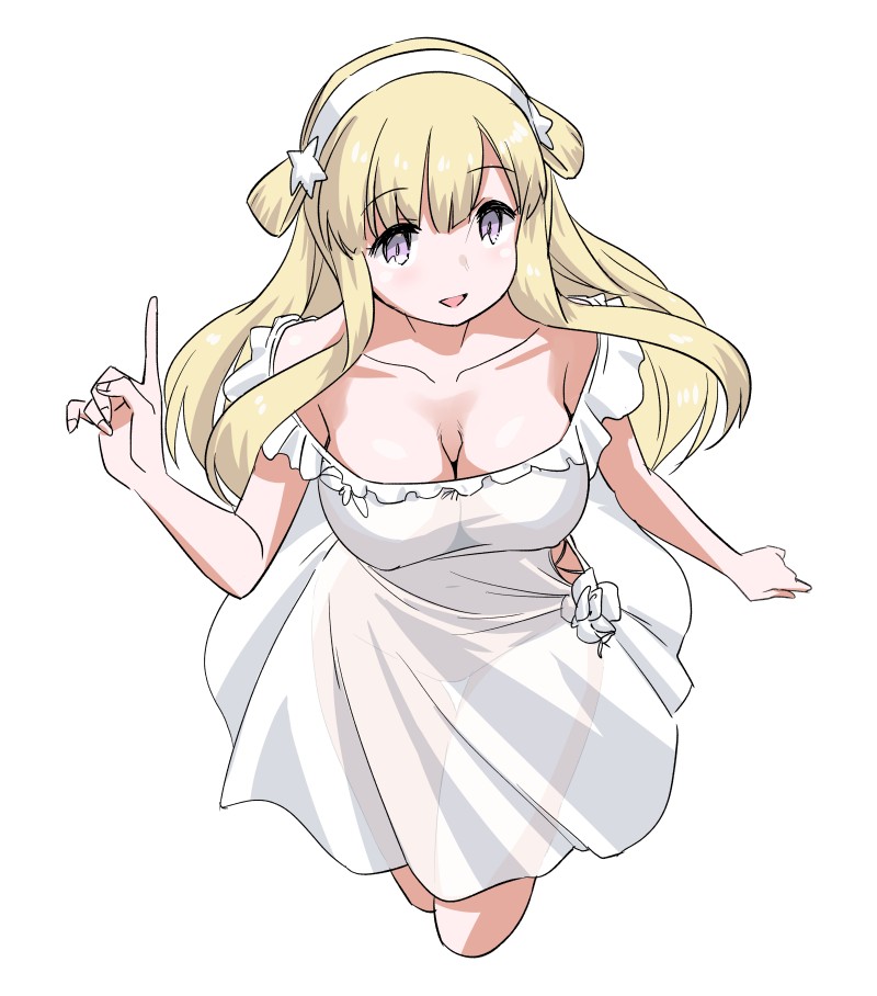 1girl blonde_hair breasts cleavage cropped_legs double_bun dress fletcher_(kancolle) hair_bun hair_ornament hairband index_finger_raised kantai_collection large_breasts long_hair off-shoulder_dress off_shoulder official_alternate_costume purple_eyes solo star_(symbol) star_hair_ornament tamu_(mad_works) white_dress white_hairband