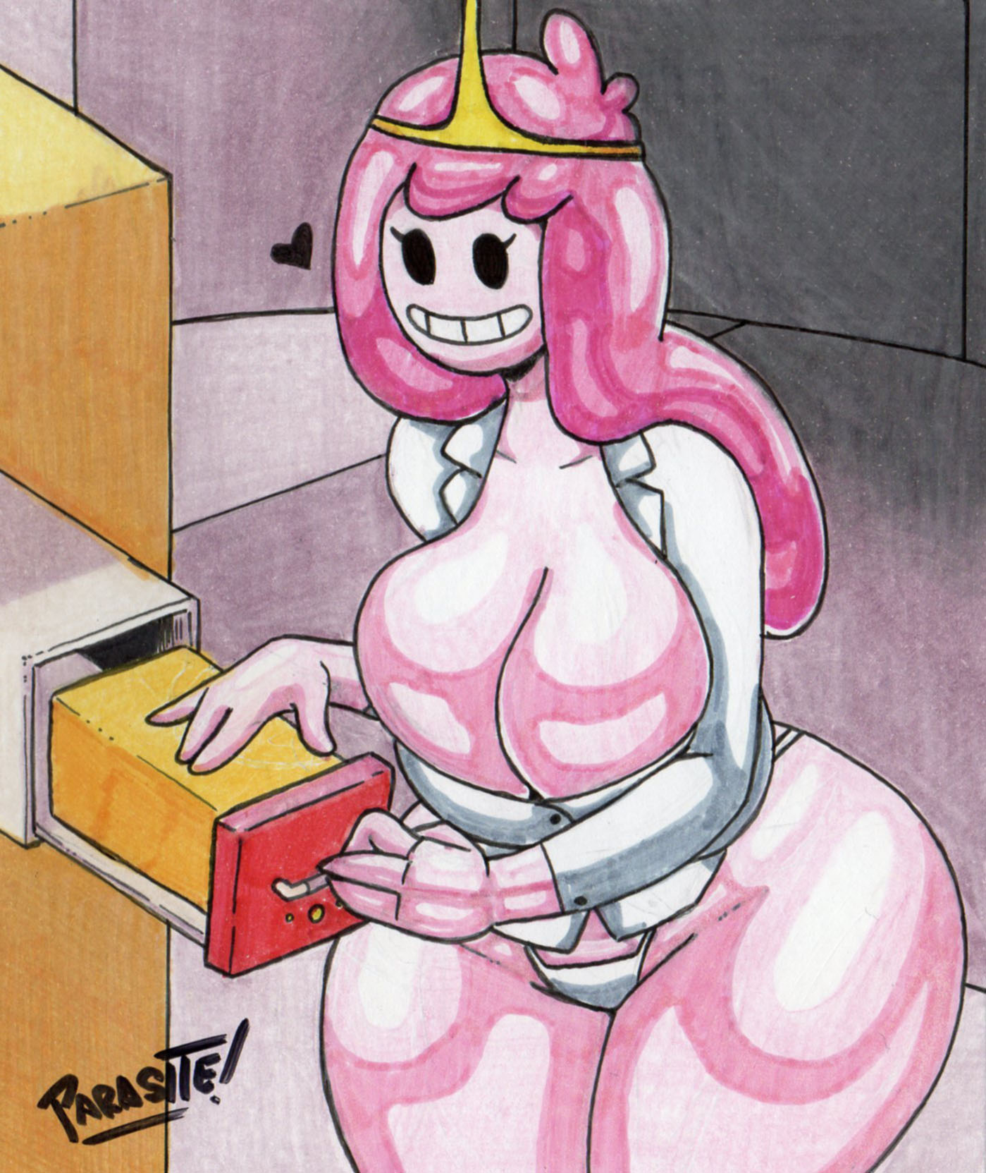 &lt;3 2023 4_fingers adventure_time artist_name big_breasts breast_squish breasts bulging_breasts candy candy_humanoid candy_people_(at) cartoon_network cheese cleavage cleavage_overflow clothed clothing crown curvaceous curvy_figure dairy_products dessert detailed_background dot_eyes dress_shirt eyelashes female fingers food food_creature food_humanoid hair headgear hi_res huge_breasts humanoid inside living_candy long_hair not_furry parasitedeath pink_body pink_hair pink_skin princess_bubblegum shirt signature skimpy smile solo squish teeth thick_thighs thong tiara topwear traditional_media_(artwork) underwear voluptuous white_clothing white_thong white_underwear wide_hips