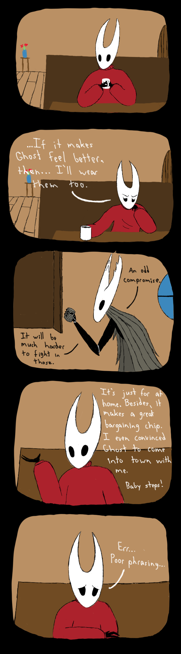 ambiguous_gender anthro arthropod beverage black_body clothed clothing coffee coffee_mug comic digital_media_(artwork) duo english_text female hi_res hollow_knight hollow_knight_(character) hornet_(hollow_knight) insect simple_background soiledvessels team_cherry text vessel_(species)