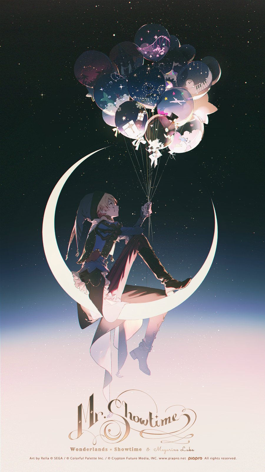 1boy artist_name balloon blonde_hair boots company_name copyright crescent_moon facial_mark formal from_side group_name hat highres holding holding_balloon jester jester_cap knee_boots looking_up male_focus moon mr._showtime_(vocaloid) on_crescent pants profile project_sekai rella short_hair sitting solo song_name star_balloon striped striped_pants ten_no_hate_no_phoenix_e_(project_sekai) tenma_tsukasa vertical-striped_pants vertical_stripes
