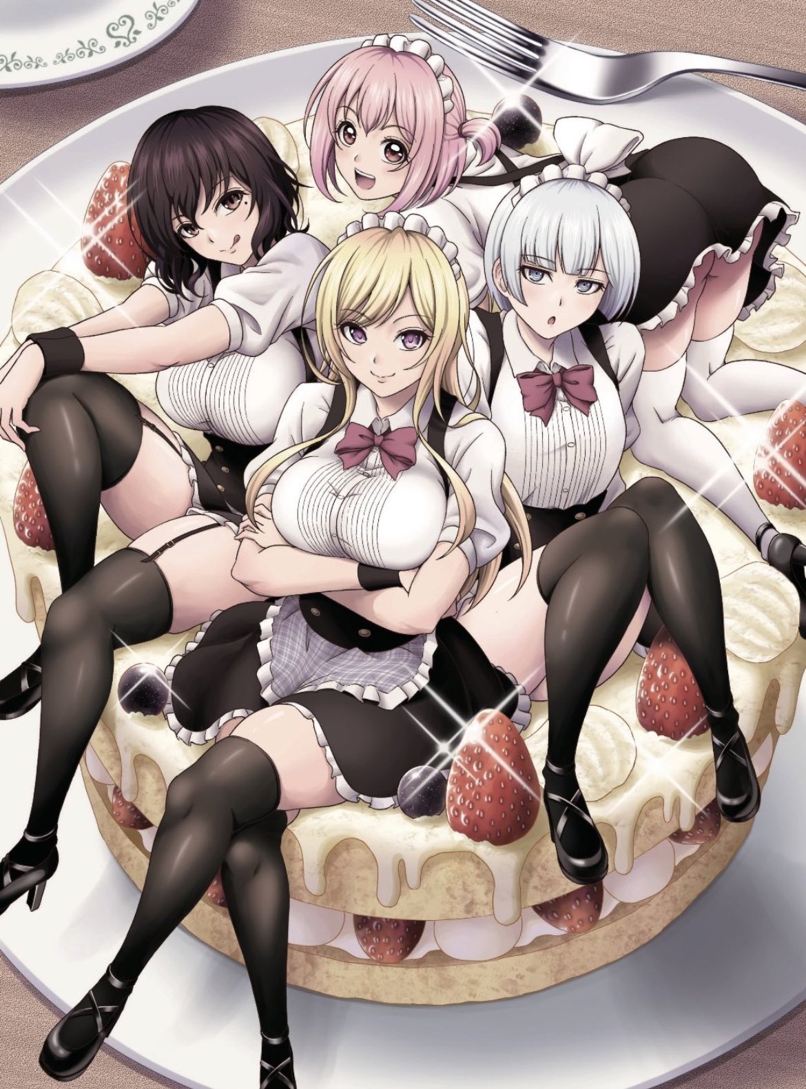 4girls akiyama_ringo all_fours amaama_cinderella apron ass black_corset black_footwear black_skirt black_thighhighs blue_eyes blue_hair blueberry bow bowtie breasts brown_eyes brown_hair cake closed_mouth corset crossed_arms crossed_legs food fork frilled_apron frilled_skirt frills fruit fuyutsuki_mikan garter_straps hands_on_own_knees harumiya_ichigo high_heels highres knee_up knees_together_feet_apart large_breasts long_hair looking_at_viewer maid_apron maid_headdress medium_breasts medium_hair mole mole_under_eye multiple_girls natsuno_momo official_art one_side_up open_mouth osaji0909 own_hands_together pink_bow pink_bowtie pink_eyes pink_hair plate scan sitting sitting_on_food skirt strawberry strawberry_cake teeth thick_thighs thighhighs thighs third-party_source tongue tongue_out upper_teeth_only waist_apron white_apron white_thighhighs zettai_ryouiki