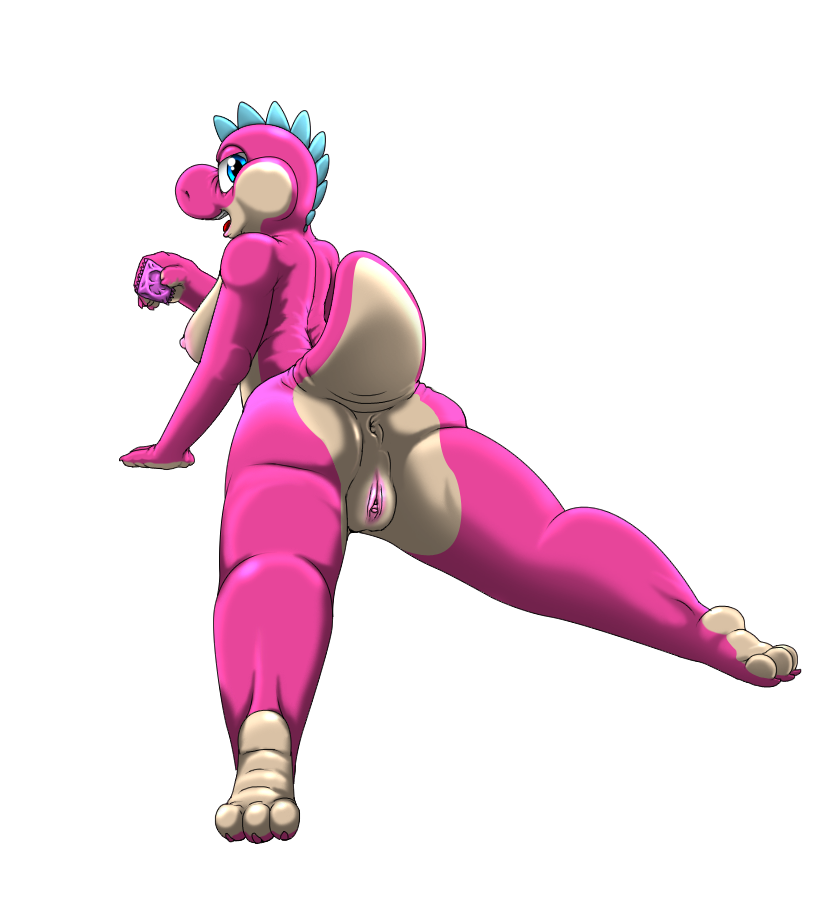 anthro anus blue_eyes condom female genitals kitsune_youkai mario_bros multicolored_body nintendo nipples pink_body pussy sexual_barrier_device simple_background solo tan_body twilight_stormshi_(character) two_tone_body white_background yoshi
