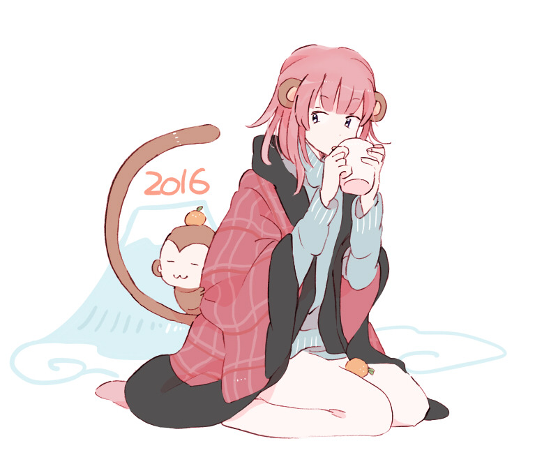 1girl 2016 animal_ears bare_legs blue_sleeves blue_sweater blunt_bangs chinese_zodiac cloud cup drinking fingernails food fruit full_body h_kawa holding holding_cup kneeling layered_sleeves long_hair long_sleeves looking_at_animal mandarin_orange monkey monkey_ears monkey_tail mount_fuji open_clothes open_robe original oversized_clothes pink_hair plaid_robe plaid_sleeves red_robe red_sleeves robe simple_background solo sweater tail turtleneck turtleneck_sweater white_background wide_sleeves year_of_the_monkey