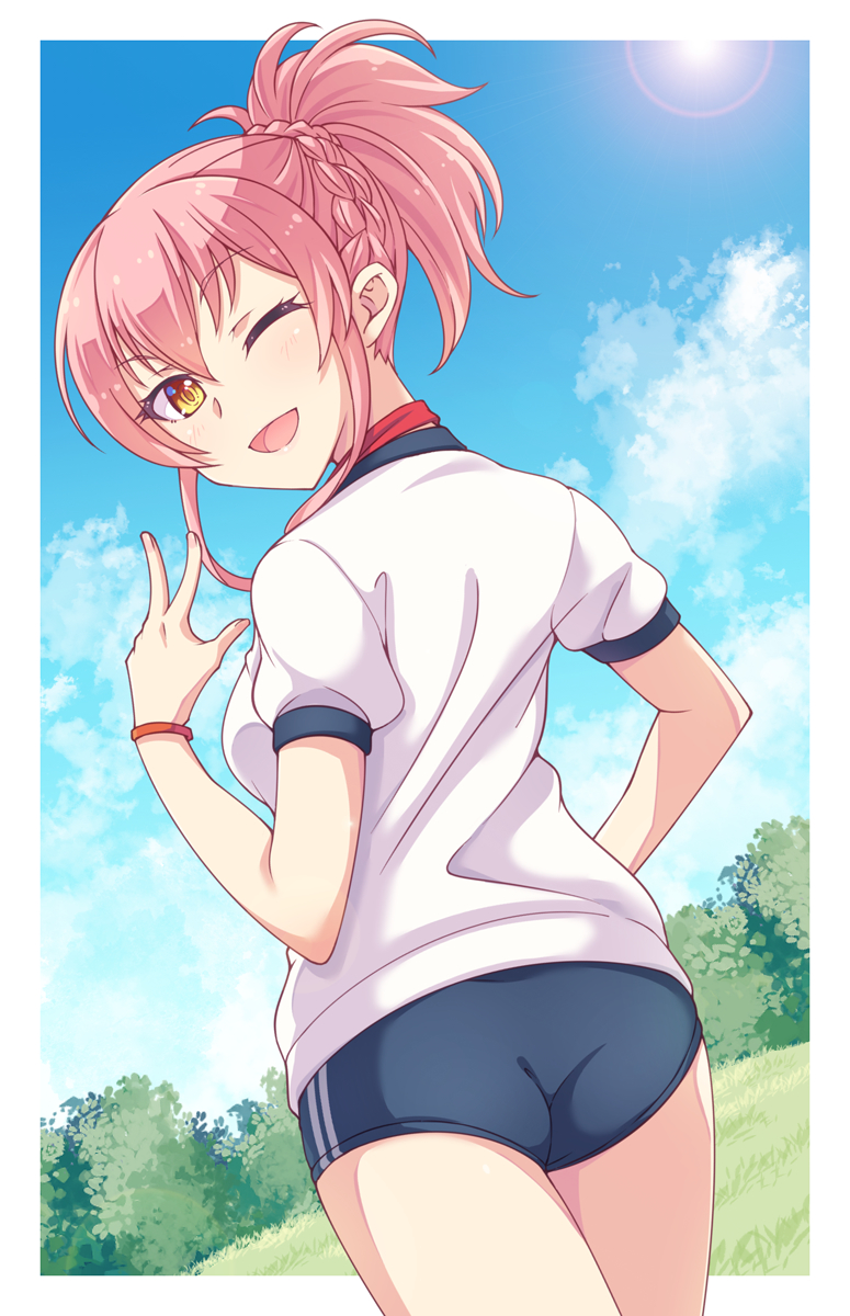 1girl ass blue_shorts blue_sky blush border braid breasts choker cloud cowboy_shot day e20 from_behind grass gym_shirt gym_shorts hair_between_eyes hand_up highres idolmaster idolmaster_cinderella_girls idolmaster_cinderella_girls_starlight_stage jougasaki_mika long_hair looking_at_viewer looking_back medium_breasts one_eye_closed open_mouth outdoors outside_border pink_hair ponytail red_choker red_wristband shirt short_sleeves shorts sky smile solo standing sun sunlight tree w white_border white_shirt yellow_eyes