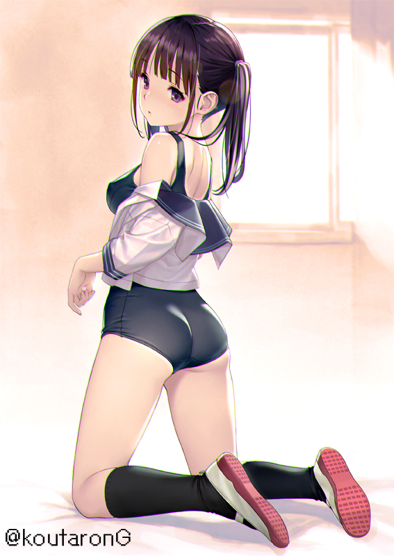 1girl artist_name ass bare_shoulders black_one-piece_swimsuit black_sailor_collar black_socks breasts brown_hair copyright_request from_behind indoors kneehighs kneeling koutaro long_sleeves medium_breasts off_shoulder one-piece_swimsuit original purple_eyes sailor_collar shirt shoes socks solo swimsuit twintails white_shirt window