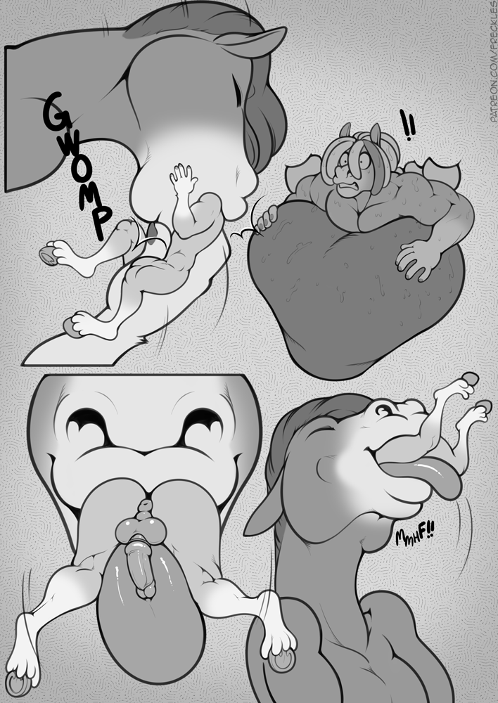 5_fingers anthro anus backsack balls biped comic duo equid equine equine_anus fingers freckles_(artist) genitals glans hooves horse male mammal medial_ring monochrome penis size_difference tongue tongue_out vore