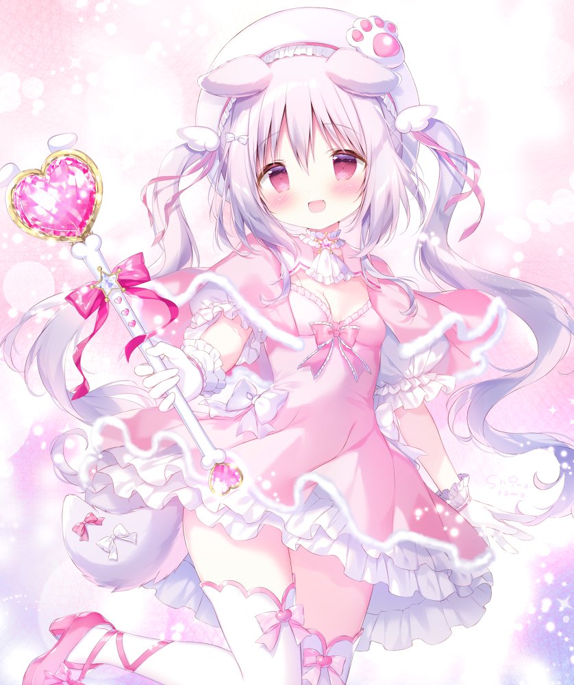 1girl :d animal_ears beret blush bow breasts capelet cleavage commentary_request dog_ears dog_girl dog_tail dress frilled_dress frilled_gloves frilled_hat frills fur-trimmed_capelet fur-trimmed_dress fur_trim gloves grey_headwear hair_between_eyes hat heart high_heels holding holding_wand long_hair original outstretched_arm pink_capelet pink_dress pink_footwear puffy_short_sleeves puffy_sleeves purple_hair red_bow red_eyes shiratama_(shiratamaco) shoes short_sleeves small_breasts smile solo standing standing_on_one_leg tail tail_bow tail_ornament thighhighs very_long_hair wand white_bow white_gloves white_thighhighs