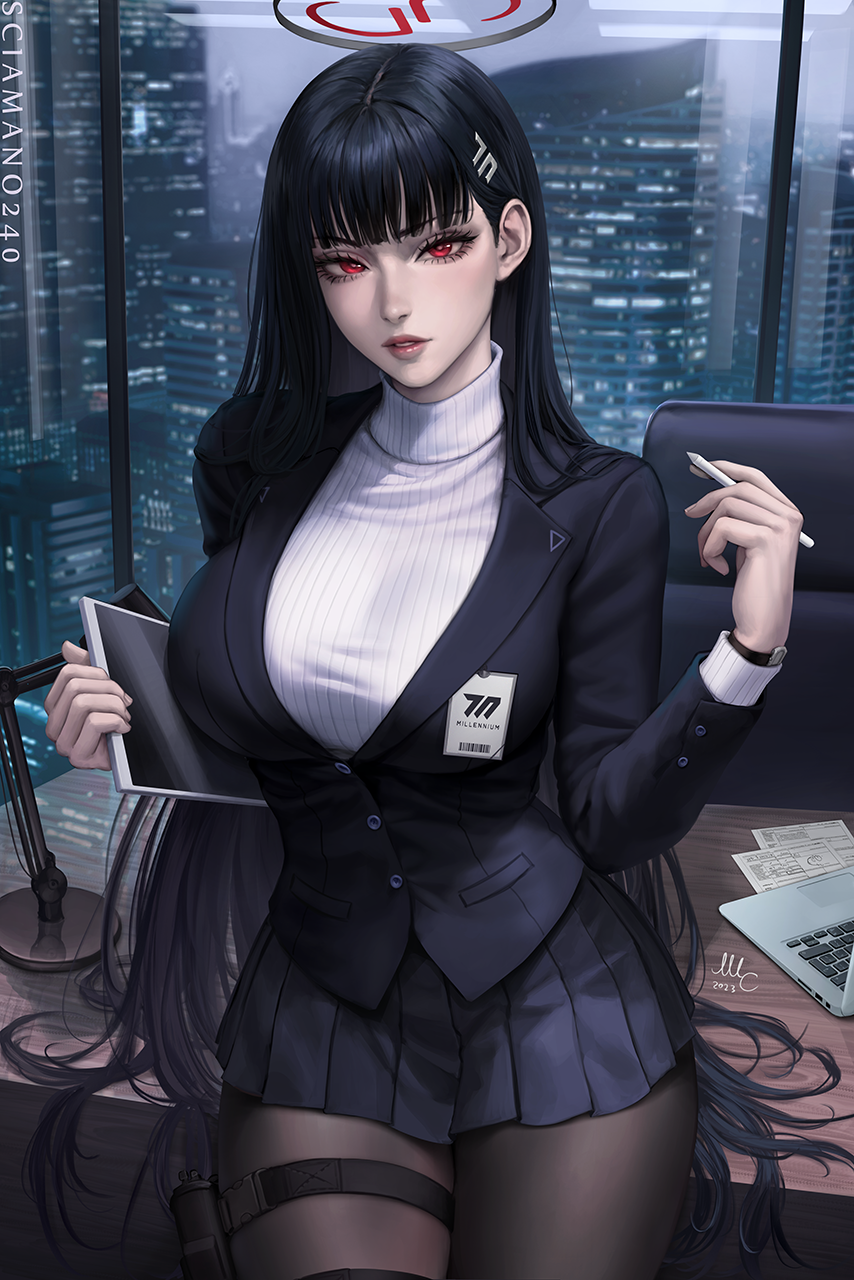 1girl blue_archive blunt_bangs breasts desk halo highres holding holding_pen holding_tablet_pc large_breasts long_hair looking_at_viewer office pantyhose parted_lips pen red_eyes rio_(blue_archive) sciamano240 solo sweater tablet_pc turtleneck turtleneck_sweater very_long_hair window