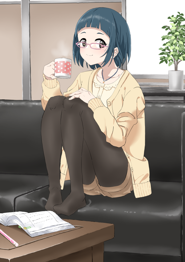 1girl black_eyes black_pantyhose blue_hair blunt_bangs cardigan collarbone couch cup holding holding_cup hugging_own_legs idolmaster idolmaster_cinderella_girls idolmaster_cinderella_girls_starlight_stage indoors jewelry long_sleeves looking_at_viewer mug necklace nikujiru_(nickjr) okazaki_yasuha pantyhose pen pink-framed_eyewear plant potted_plant script shirt short_hair shorts smile solo white_shirt window yellow_cardigan yellow_shorts