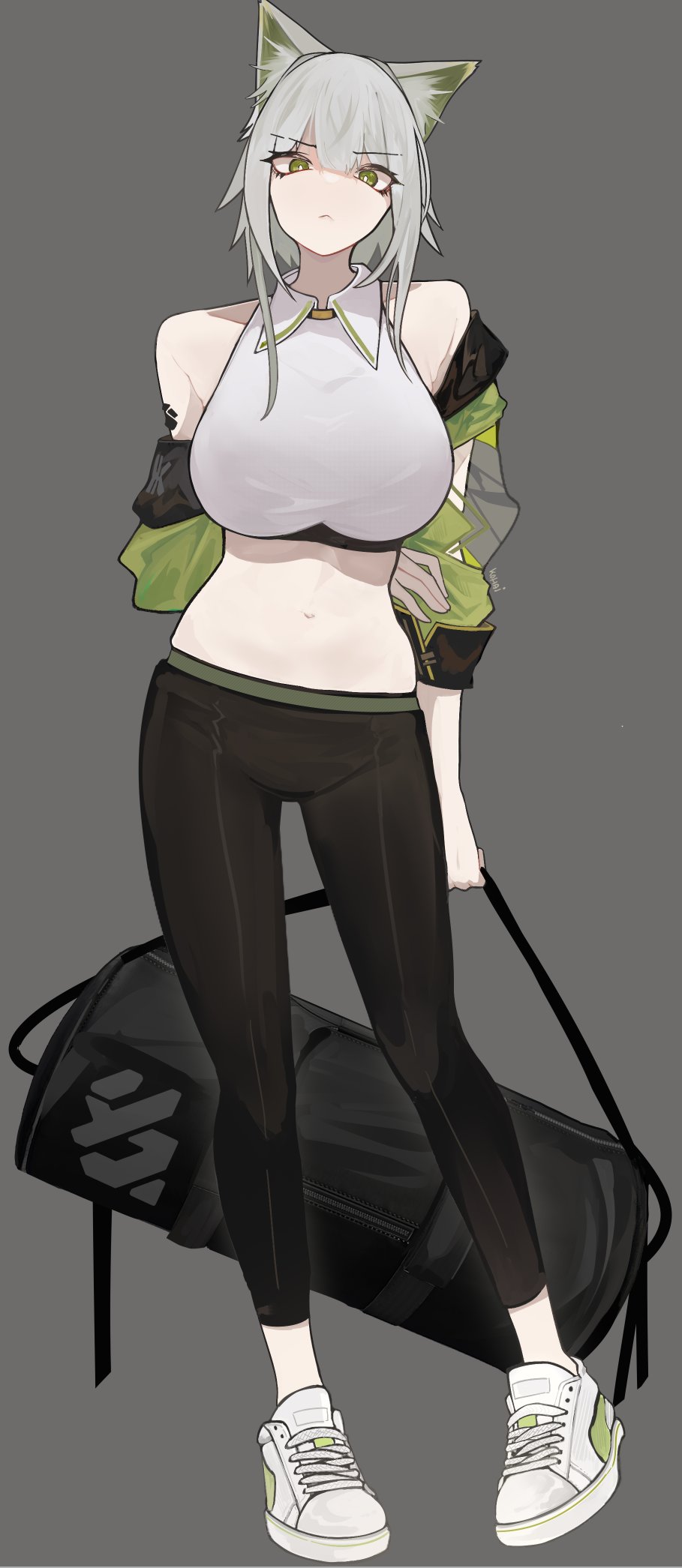 1girl alternate_costume animal_ear_fluff animal_ears arknights arms_behind_back artist_name bag bare_shoulders breasts cat_ears closed_mouth collared_shirt crop_top duffel_bag green_eyes grey_background grey_hair highres holding holding_bag kal'tsit_(arknights) large_breasts looking_at_viewer midriff navel nuggetkouhai shirt shoes short_hair sneakers solo standing white_shirt
