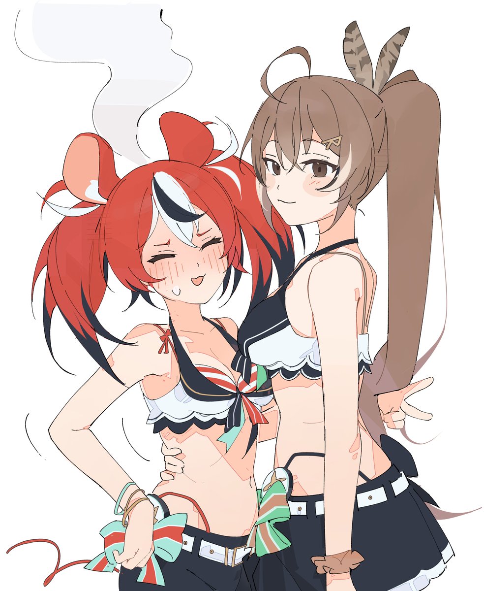 2girls ahoge animal_ears bikini black_hair blush breasts brown_bikini brown_hair closed_eyes feather_hair_ornament feathers flustered front-tie_bikini_top front-tie_top hair_ornament hakos_baelz hand_on_another's_hip highleg highleg_bikini highres hikkishi hololive hololive_english hololive_summer_2023_swimsuit long_hair medium_breasts mouse_ears mouse_girl mouse_tail multicolored_hair multiple_girls nanashi_mumei ponytail red_bikini red_hair streaked_hair striped striped_bikini swimsuit tail v virtual_youtuber white_hair