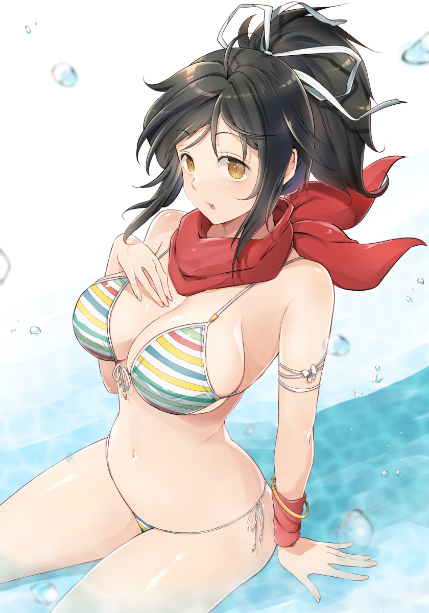 1girl :o arm_ribbon asuka_(senran_kagura) bangle bikini black_hair blush bracelet breast_suppress breasts brown_eyes cleavage front-tie_bikini_top front-tie_top groin hair_ribbon highres in_water jewelry kinako_(mzknk0) large_breasts looking_at_viewer multicolored_bikini multicolored_clothes multicolored_stripes open_mouth ponytail rainbow_bikini red_scarf red_wristband ribbon scarf senran_kagura senran_kagura_shoujo-tachi_no_shin'ei short_hair short_ponytail side-tie_bikini_bottom sitting solo striped striped_bikini sweatband swimsuit water water_drop white_ribbon