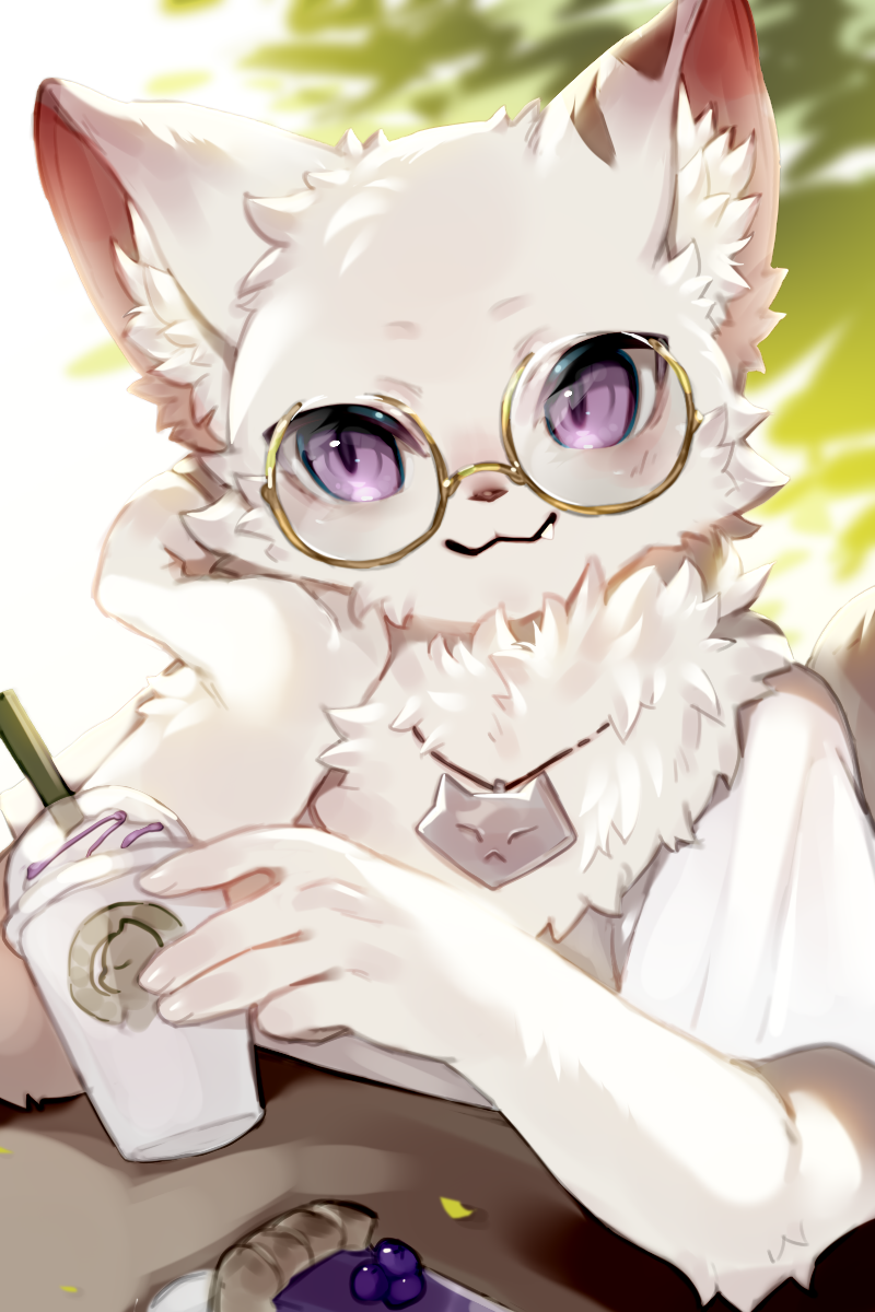 2023 2:3 :3 anthro arm_tuft beverage biped black_pupils bust_portrait cheek_tuft clothed clothing colored cute_fangs day dessert detailed_background digital_media_(artwork) domestic_cat drinking_straw ear_markings elbow_tuft eyelashes eyewear facial_tuft felid feline felis fingers fluffy food front_view fully_clothed fur glasses glistening glistening_eyes hi_res holding_beverage holding_object humanoid_hands inner_ear_fluff jewelry kemono looking_aside mammal mismatched_ears mofuaki monotone_body monotone_ears monotone_fur multicolored_ears neck_tuft necklace outside pendant pie pink_inner_ear pink_nose plant plate portrait pupils purple_eyes shaded shirt sitting smile snaggle_tooth solo t-shirt topwear tree tuft two_tone_ears white_body white_clothing white_ears white_fur white_inner_ear_fluff white_shirt white_topwear