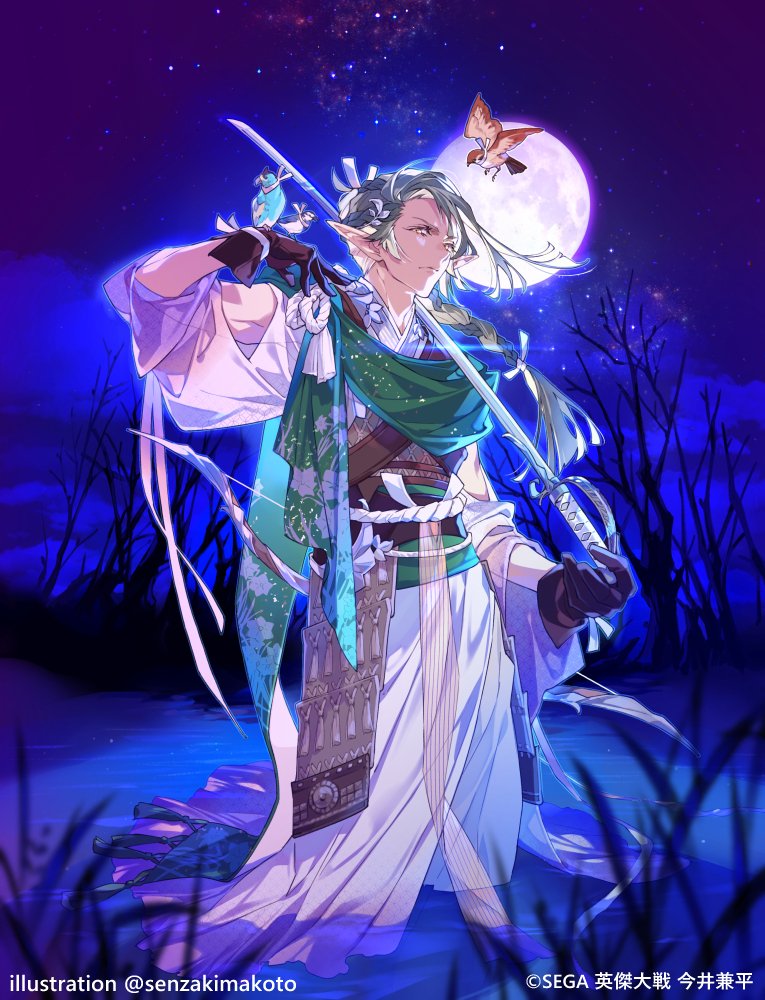 1boy arm_cutout armor artist_name bare_tree bird bird_on_hand black_gloves blonde_hair blunt_ends bow_(weapon) braid closed_mouth cloud copyright cowboy_shot eiketsu_taisen english_commentary floral_print french_braid full_moon gloves grass green_sash green_scarf hair_ornament hair_ribbon hand_up holding holding_sword holding_weapon japanese_armor japanese_clothes katana kimono kusazuri leaf_hair_ornament long_hair long_sleeves looking_at_viewer male_focus mixed-language_commentary moon night official_art over_shoulder pointy_ears ribbon rope_belt sash scarf senzaki_makoto serious sideways_glance single_braid sky solo standing star_(sky) starry_sky swept_bangs sword tree wading water weapon weapon_over_shoulder white_kimono white_ribbon yellow_eyes